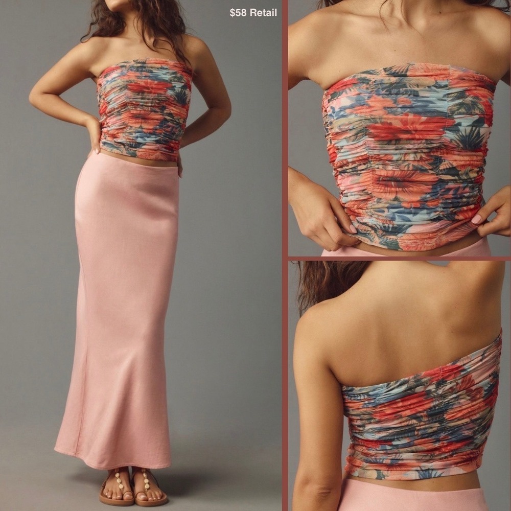 Anthropologie PILCRO Textured Tube Top Size M Ruched Floral Mesh Tropical Party